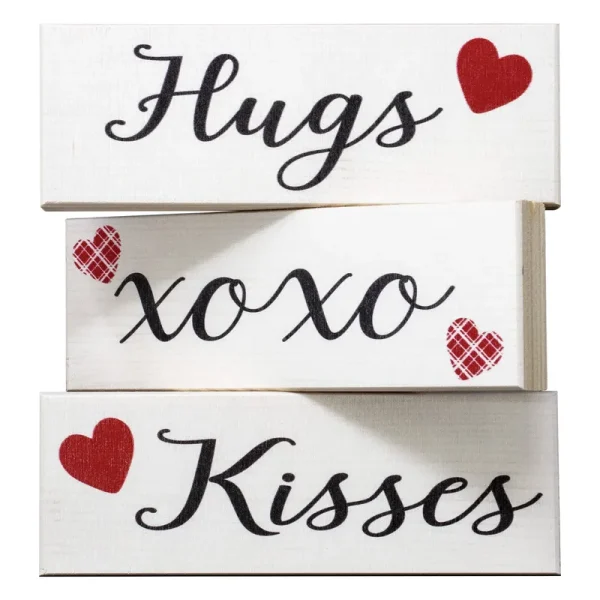 JennyGems Happy Valentines Day Decorations, Hugs and Kisses Valentines Sign, 3 Pieces Wooden Block Set, Valentine's Day Decor, Valentine's Day Tiered