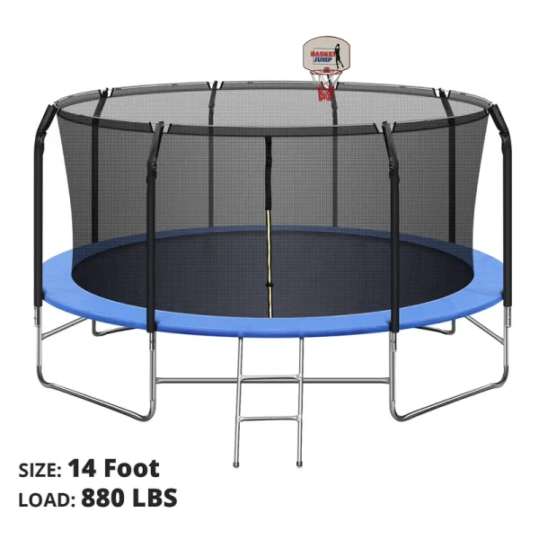 14FT Trampoline for Kids, Trampoline with Basketball Hoop&Safety Enclosure Net, 880 lb Capacity 4 Kids, Waterproof Mat and Ladder, Outdoor Backyard Trampoline