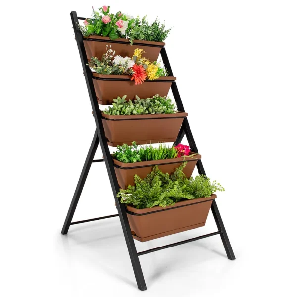 Costway 5-Tier Vertical Garden Planter Box Elevated Raised Bed w/5 Container, Brown