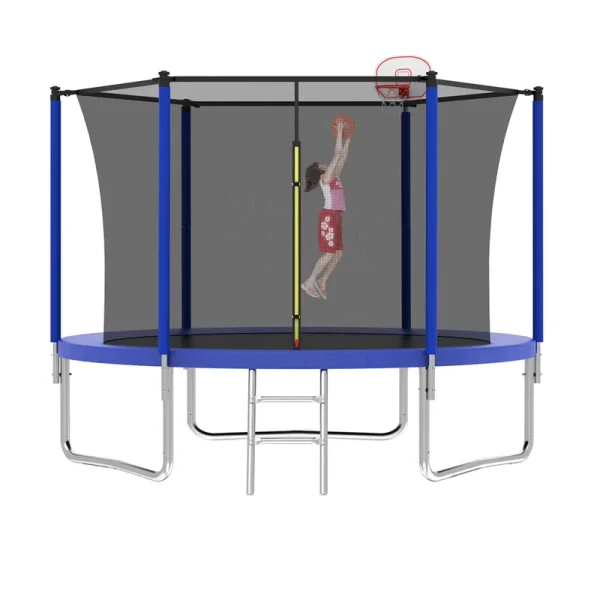 8FT Trampoline for Kids, Outdoor Trampoline with Basketball Hoop, Heavy - Duty Trampoline with Safety Enclosure Net, Blue