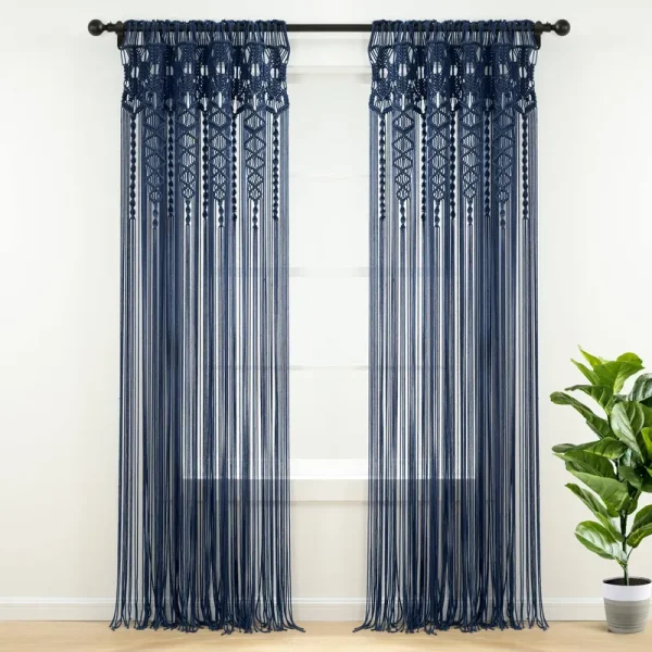Lush Decor Boho Macrame Textured Cotton Window Curtain/Room Divider/Doorway/Wall Decor - Navy - 84 Inches