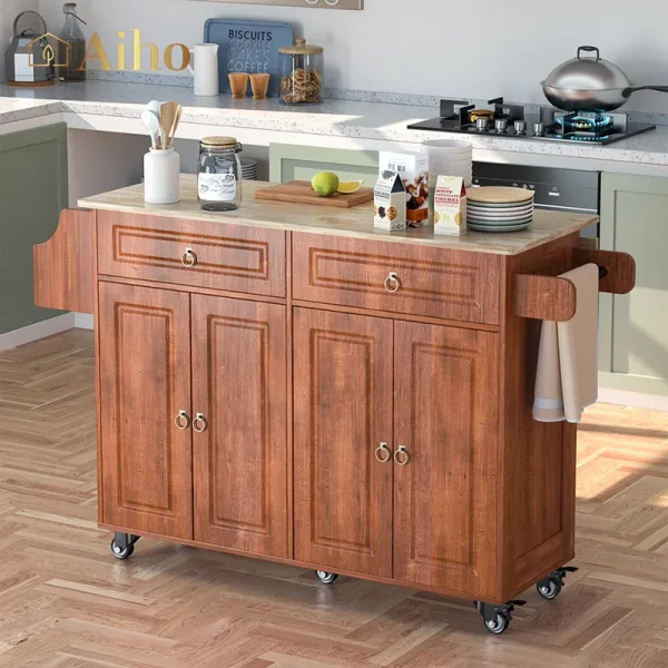 Aiho 45.5'' Kitchen Island Cart with Storage, Rolling Kitchen Island with Folding Drop Leaf Breakfast Bar for Dining Room, Brown