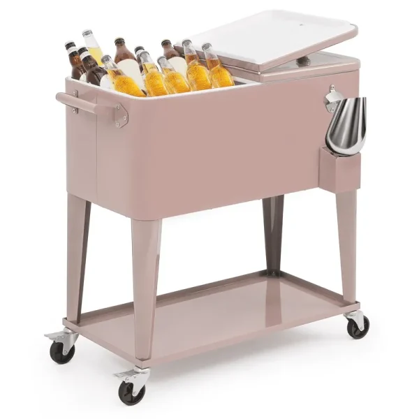Magshion 80 Quart Rolling Cooler Ice Chest, Portable Bar Cold Drink Beverage Cart Tub, Backyard Cooler Trolley on Wheels with Ice Scoop, Catch Tray & Bottle Opener, Pink
