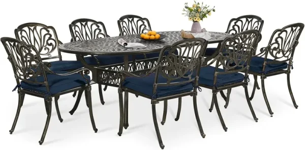 9 - Piece Patio Dining Set, Outdoor Patio Table and Chair Set of 84 Oval Cast Aluminum Dining Table with Umbrella Hole and 8 Outdoor Dining Cushion Chairs, Patio Funiture Set for Garden, Navy
