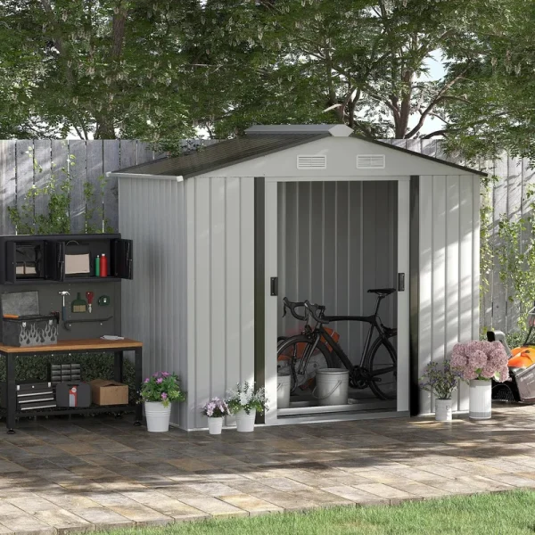 Outsunny 7'x4' Metal Outdoor Shed Organizer & Garden Storage with 4 Vents for Airflow & 2 Easy Sliding Doors - White