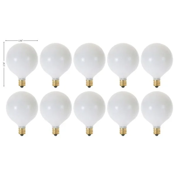 Kor (Pack of 10) G16.5 White Finsh Decorative (E12) Candelabra Base Globe Shape Incandescent 120V G16 1/2 Light Bulbs (25)
