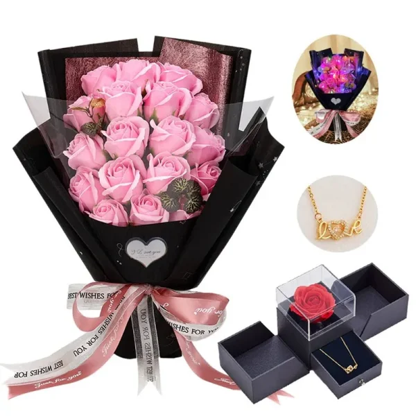 Eightown Roses Bouquet Fake Artificial Flower - Preserved Pink Flowers with Love Necklace for Her - Unique Gifts Valentine's Day, Mother's Day,