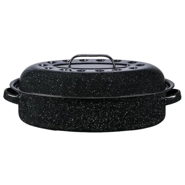 Bovado USA 15.25" inch 12 lb Capacity Enamel Oval Turkey Roaster Pan + Lid - Thanksgiving Gift, Covered, Non-Sticky, Chemical Free, Dishwasher Safe