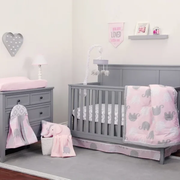 NoJo Dreamer Elephant 8-Piece Crib Bedding Set in Pink/Grey