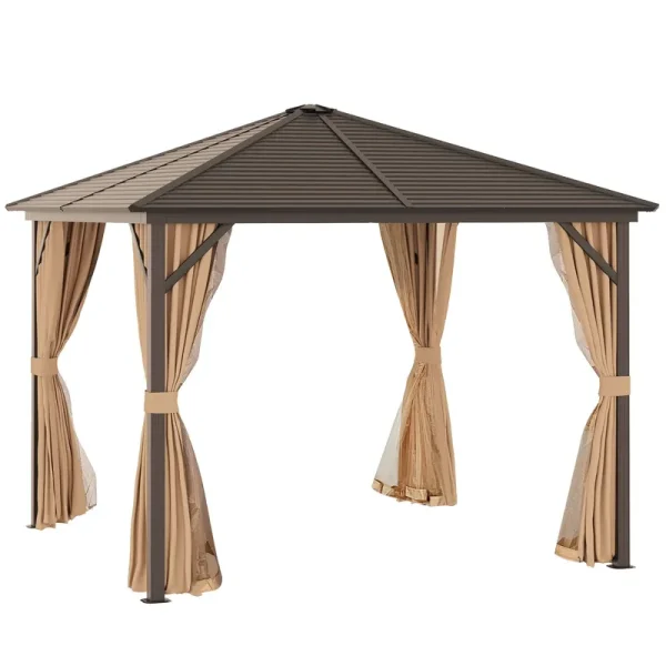 Outsunny 10' x 10' Steel Hardtop Gazebo Garden Sun Shelter with Mosquito Netting and Curtains Hanging Hook Aluminum Frame Brown Outsunny
