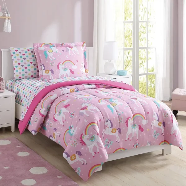Super Soft, Cute, Fun and Whimsical Mainstays Kids Rainbow Unicorn with Images of Unicorns. Butterflies and Rainbows Girls Bed in A Bag Complete