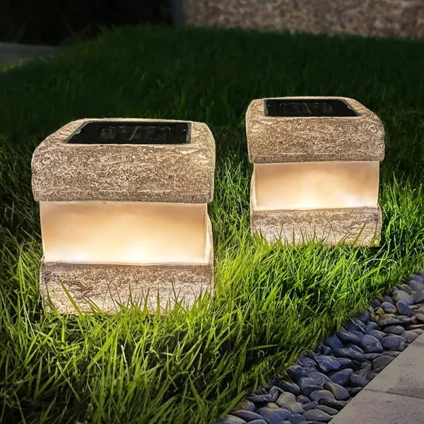 Larekook 2 Pack Solar Garden Lights, Fake Rock Lights for Outdoor Pathway Yard, Solar Waterproof Decorative Rocks Lantern for Landscape Decor Gery