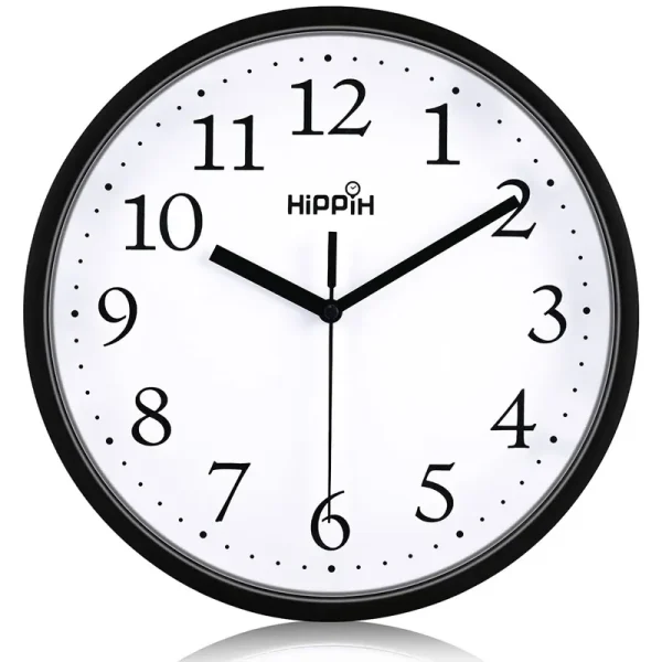 Hippih Black Wall Clock Silent Non Ticking Quality Quartz, 10 inch Round Easy to Read for Home Office School Clock