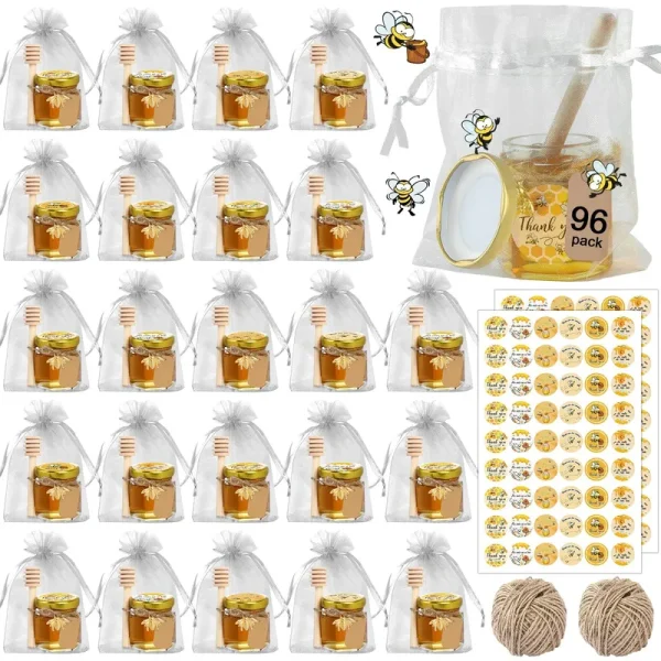 Aliggbent 96 Pcs Honey Jars,Mini Honey Jars Party Favors in Bulk,1.5oz Small Hexagon Glass Honey Jars with Dipper, Stickers, Gold Lid, Charms, Gift