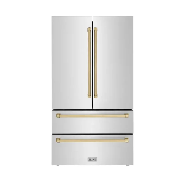 ZLINE 36" Autograph Edition 22.5 Cu. ft Freestanding French Door Refrigerator with Ice Maker in Fingerprint Resistant Stainless Steel with Champagne