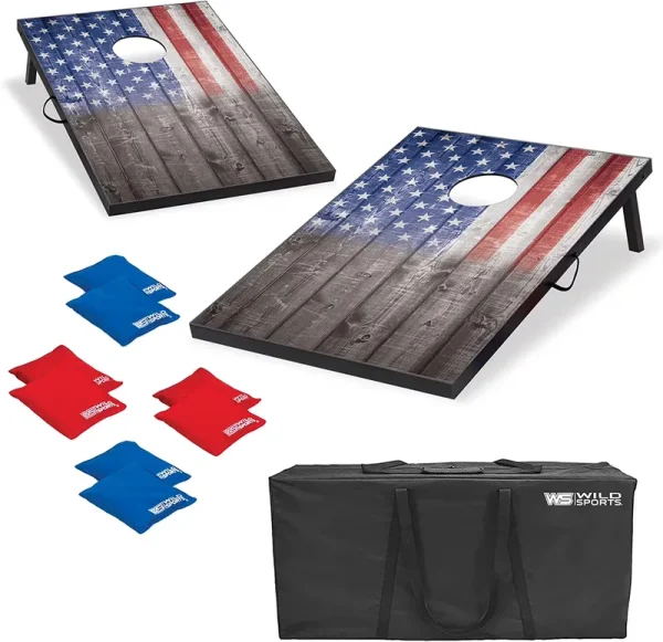 Wild Sports 2'X3' Cornhole Outdoor Game Set, USA Flag or Natural Wood Options with Carry Bag Included