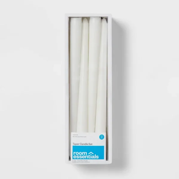 12pk Unscented Taper Candles White - Room Essentials