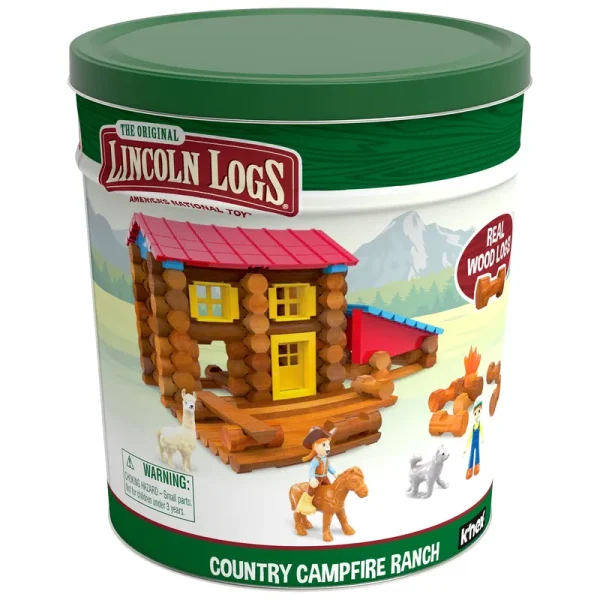 Lincoln Logs Country Campfire Ranch - Real Wood Logs - 124 Pieces - Collectible Tin