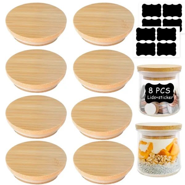 KIKINIKO Oui Yogurt Jar Lids - 8 Pack Oui Lids- Natural Bamboo Wood with Silicone Sealing Rings and Oui Yogurt Bottle Label,for 5 oz Oui Yogurt Jars