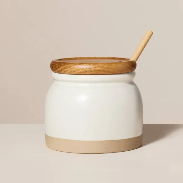 Hearth & Hand with Magnolia Stoneware Honey Pot with Wood Dipper & Lid - Cream & Clay - 16 oz