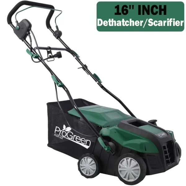 Dethatcher and Scarifier, Seizeen 16 - Inch Lawn Dethatcher Scarifier 2 - IN - 1 Gardening Equipment, Powerful 15 Amp Electric Dethatcher & Scarifier, Height Adjustable, 58QT Removable Thatch Bag