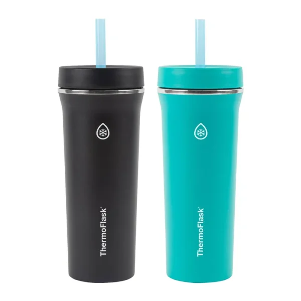 Thermoflask 32oz Insulated Standard Straw Tumbler, 2-Pack, Black/Teal Green