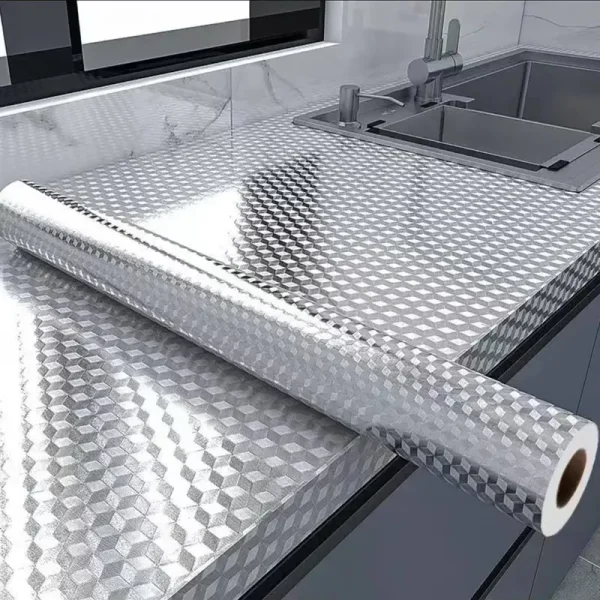 Kitchen Waterproof Oil Proof Aluminum Foil Sticker, Chequer Peel and Stick Wallpaper Removable and Self Adhesive Paper for Kitchen Countertops Desk