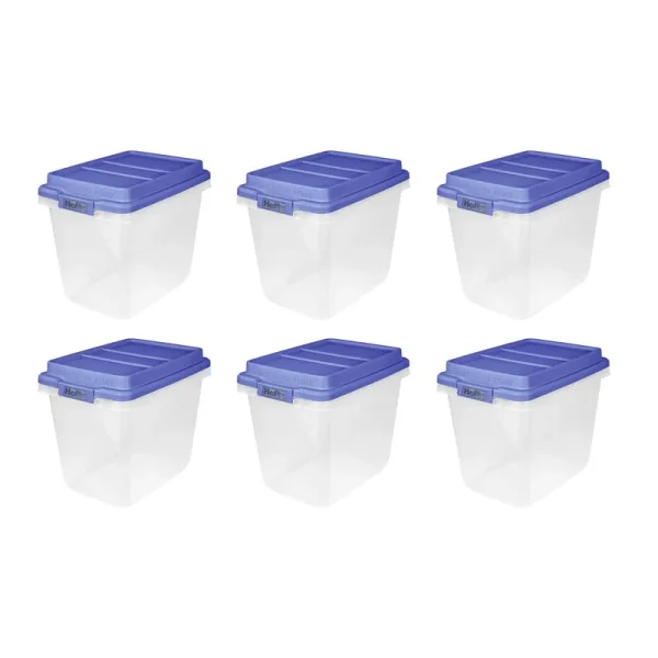 Hefty 32 Qt. Clear Plastic Storage Bin with Blue Hi-Rise Lid, 6 Pack