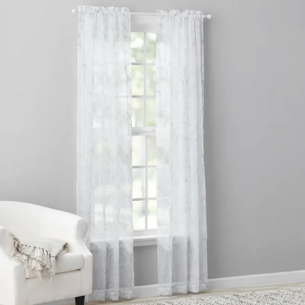 Mainstays MS22-270-513-05 Embroidered Scroll Rod Pocket Sheer Curtain Panel, White/Grey, 38" x 84"