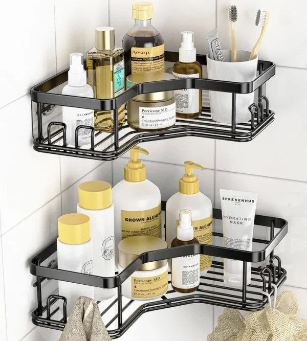 MAXIFFE Shower Caddy, Adhesive Stainless Steel Shower Organizer Shower Rack, Corner Shower Caddy with 8 Hooks, Shower Shelves Storage Bathroom