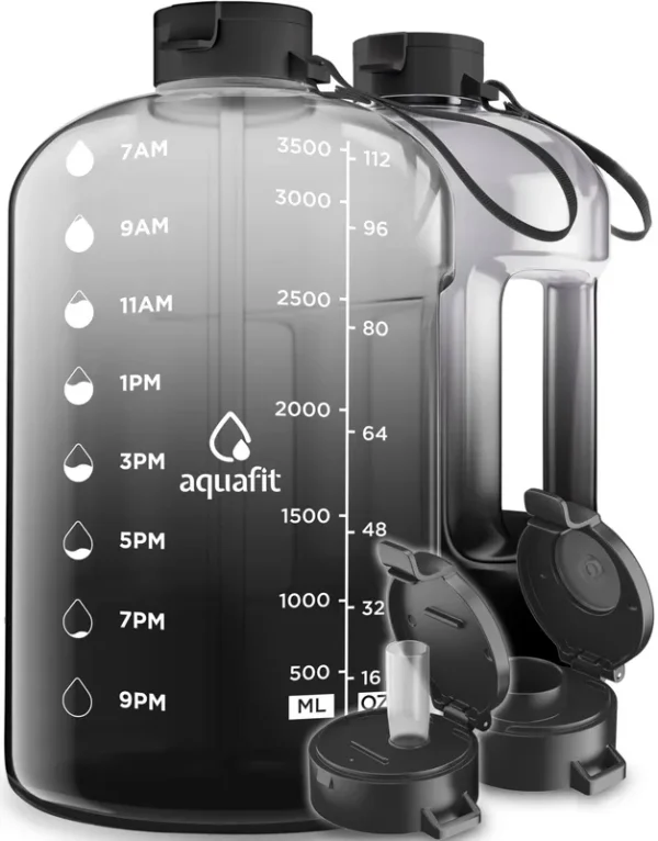 Aquafit 1 Gallon Water Bottle with Time Marker - 128 oz Water Bottle with Straw - Gym Water Bottle with Strap - Big Water Bottle
