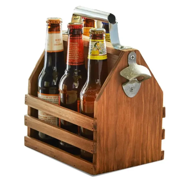 Hammer + Axe Wooden Bottle Caddy with Opener - Brown - Each