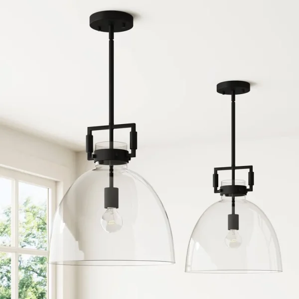 Nathan James Leigh Ceiling Hanging Pendant Light with Oversized Shade and Adjustable Cord - Black/Clear Glass Set of 2