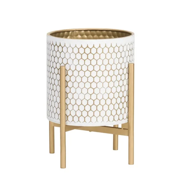 Honeycomb Mid-Century Modern Metal Planter with 4-Leg Metal Base, Size: 14.75 inch H x 11.75 inch W, 21555