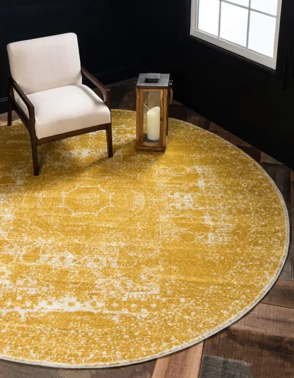 Unique Loom Bromley 3 ft Round Yellow Bohemian, Geometric Area Rug