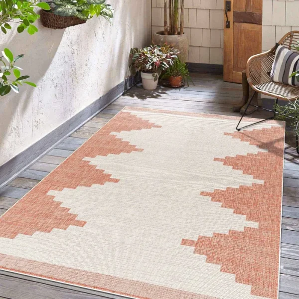 Hauteloom Djugun Outdoor Area Rug - Outside Porch Patio Rug Carpet - Waterproof Rug - Geometric - Pink, Cream, Salmon, Beige - 7'10" Square