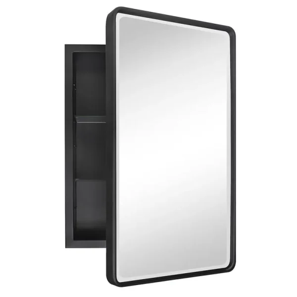 TEHOME Farmhouse 16 in. W x 24 in. H Recessed Rectangular Metal Framed Bathroom Medicine Cabinets with Mirror in Matt Black