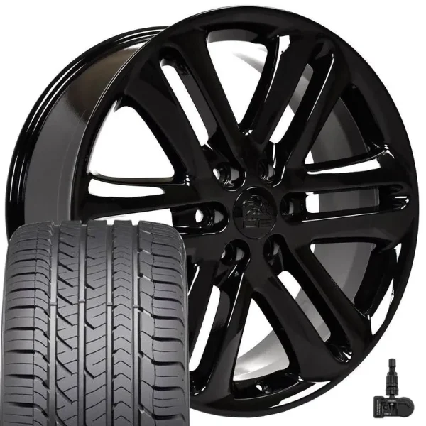 22x9.5 Wheels Fits GMC Chevy Trucks - Silverado DD CV98 Chrome W/Black Goodyear Tires, Lugs, TPMS SET