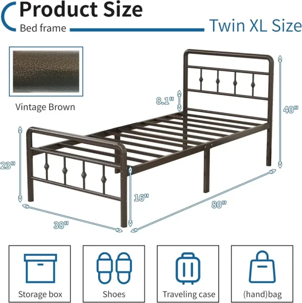 16 in Twin XL Bed Frame with Headboard and Footboard, Classic Metal Platform No Box Spring Needed Heavy Duty Victorian Style Iron - Art Mattress Foundation, Under Bed Storage, Brown