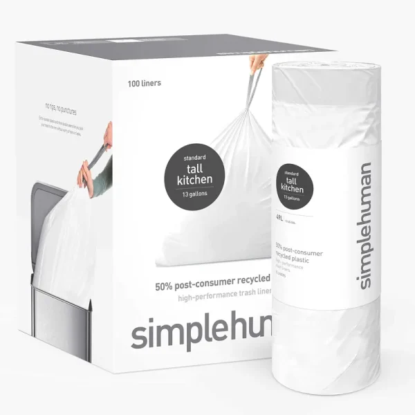 simplehuman 50% Post-Consumer Recycled Tall Kitchen Drawstring Trash Bags, 13 gal, 100 Count