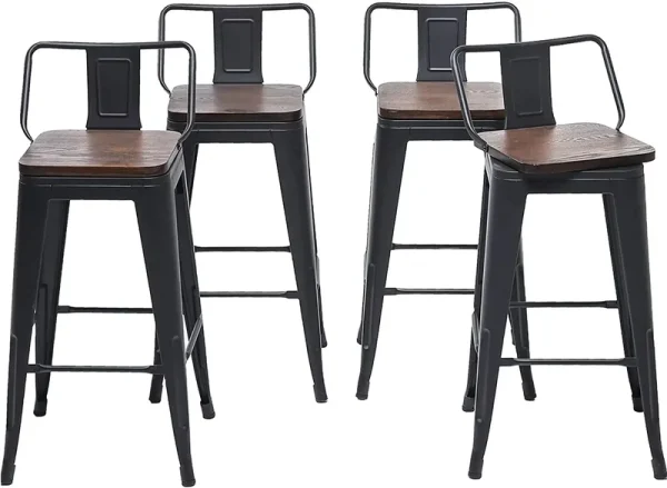 Andeworld Furniture Swivel Metal Bar Stools Kitchen Counter Height Stools Industrial Barstools Set of 4 (Swivel 24 in, Matte Black Wooden)