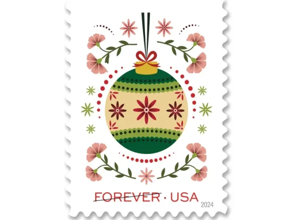 Forever Stamps 2024 Christmas Ornaments & Holiday Florals – Holiday Celebration. First-Class Postage