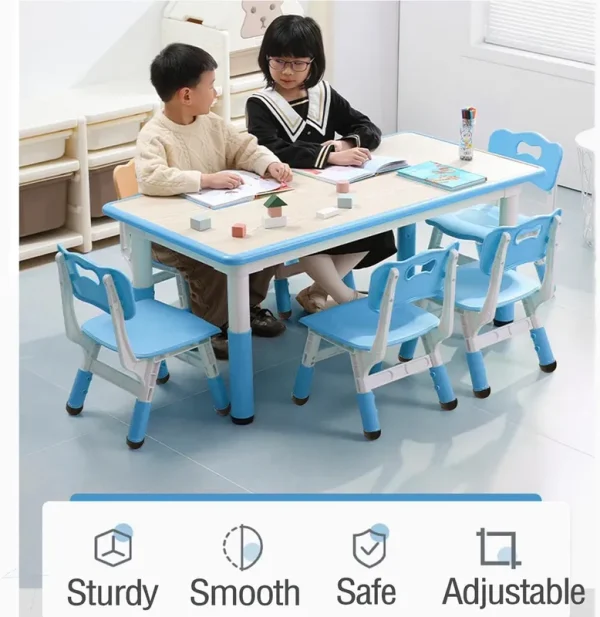 TROPOW Kids Table and Chairs, Height Adjustable Toddler Table and 6 Chair, Multi - Activity Table with Graffiti Desktop Non - Slip Legs for Ages 2 - 10, Children Activity Table for Daycare, Classroom, Blue