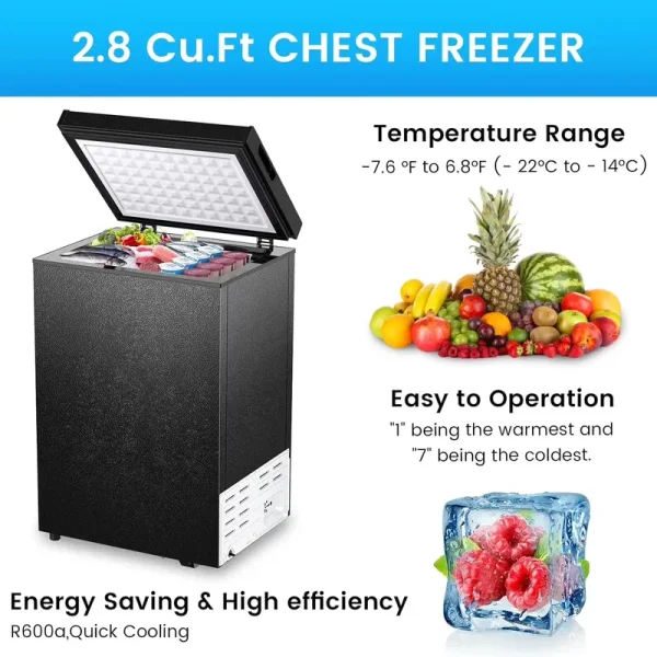 Havato 2.8 cu ft Chest Freezer, Horizontal Freezer with Top Open Door, Detachable Storage Basket, Black