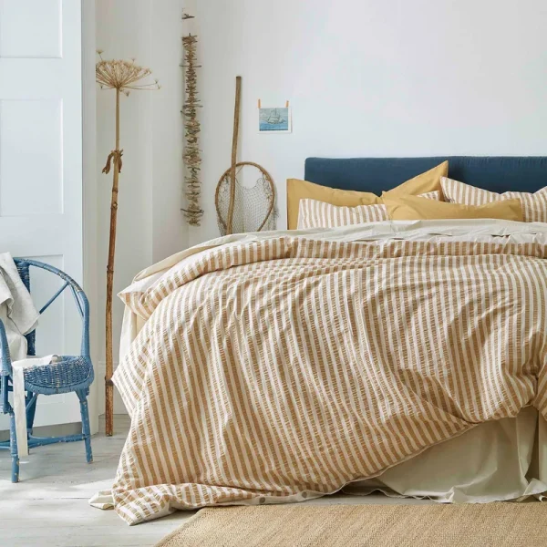 Piglet in Bed Washed Cotton Duvet Cover - Ochre Seersucker Stripe