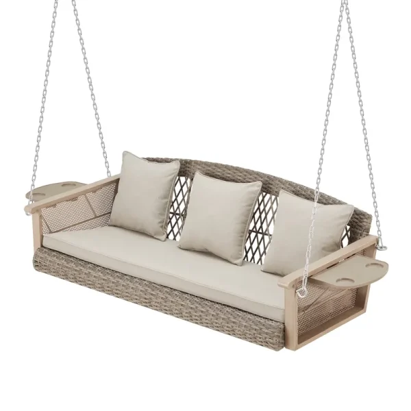 Homrest 3 - Person Porch Swing 55in Wicker Hanging Swing Bench with Cushions and Cupholders for Deck, Garden and Backyard, Beige