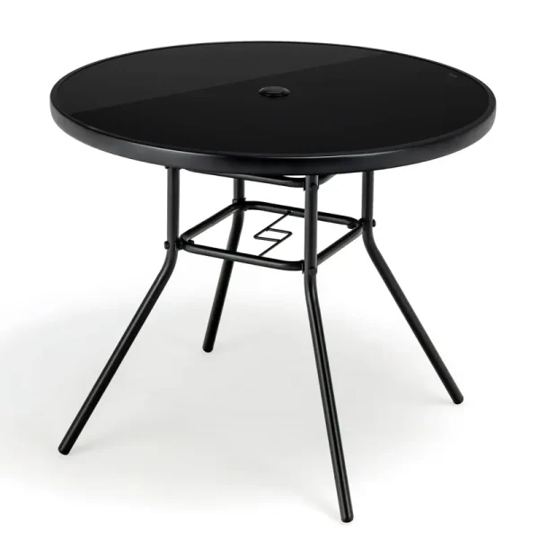 Tangkula 34 Inch Patio Dining Table, Round Tempered Glass Table with 1.5" Umbrella Hole