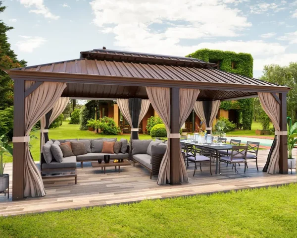 Mellcom 12' x 20' Hardtop Gazebo,Galvanized Steel Metal Double Roof Aluminum Gazebo with Curtain and Netting,Brown Permanent Pavilion Gazebo.