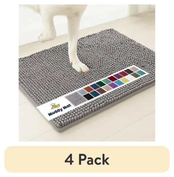 (4 Pack) Muddy Mat® SHOWN ON TV Highly Absorbent Microfiber Door Mat and Pet Rug Non Slip Thick Washable Area and Bath Mat Soft Chenille for Kitchen Bathroom Bedroom Indoor and Outdoor - Grey Medium 30"x19"