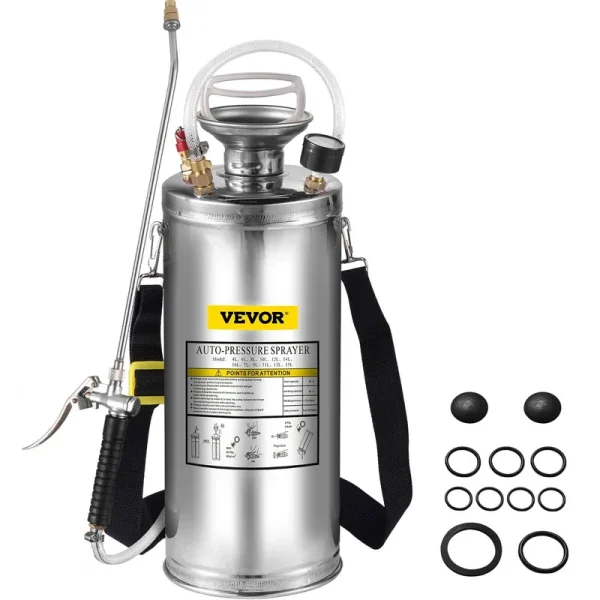 VEVOR 2gal Stainless Steel Sprayer, Set with 20" Wand& Handle& 3ft Reinforced Hose, Hand Pump Sprayer with Pressure Gauge&Safet
